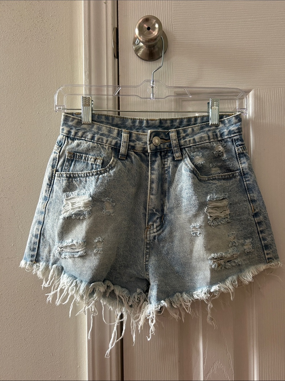 SHEIN Light Blue Distressed High-Rise Denim Shorts